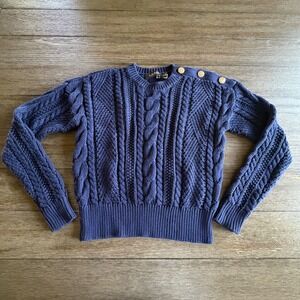 Lauren Ralph Lauren Navy Blue Aran-Knit Cotton Cable Sweater Gold Buttons SP